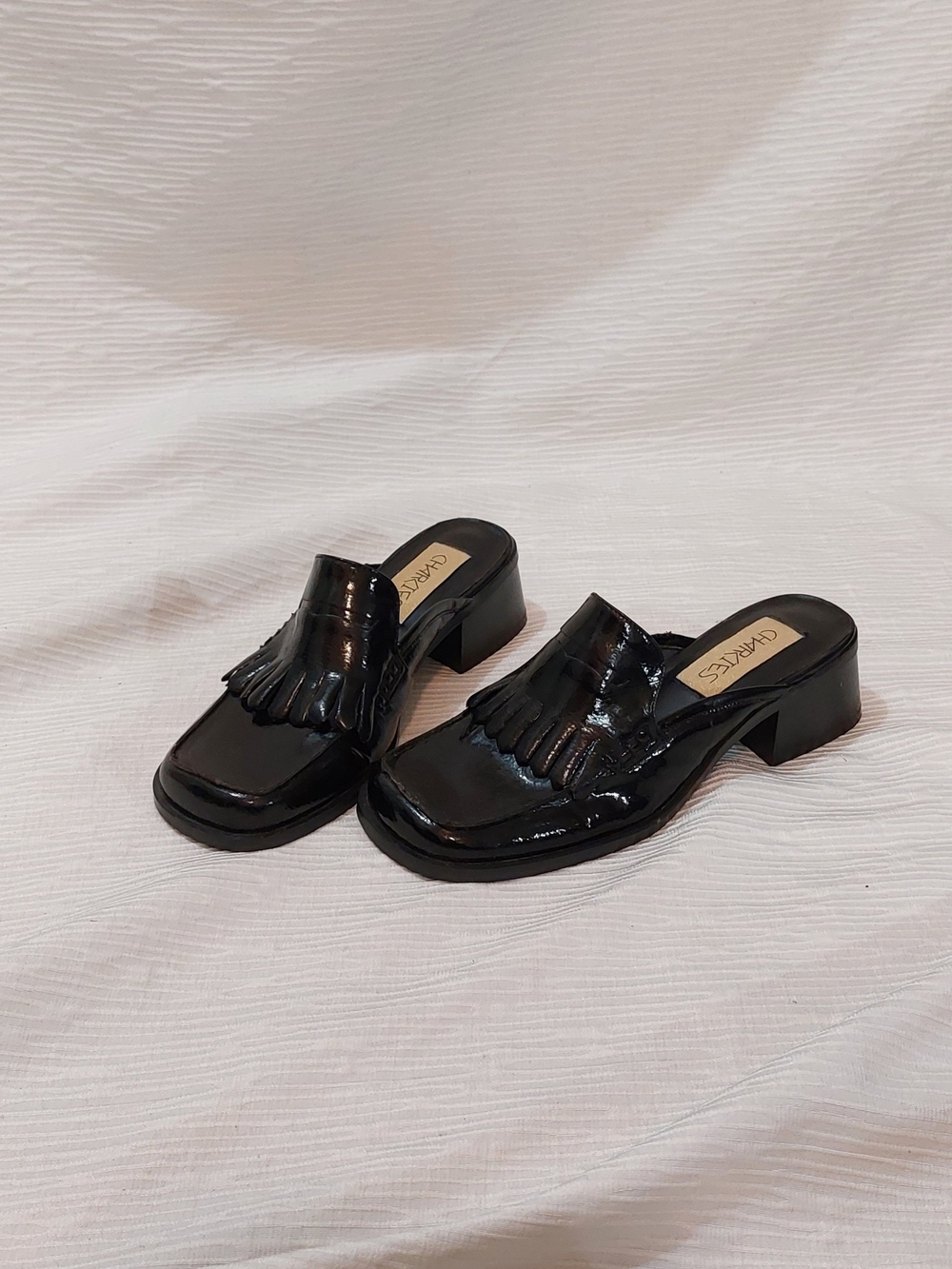 Charlies Black Patent Fringe Mule Loafers Size 6.5-7